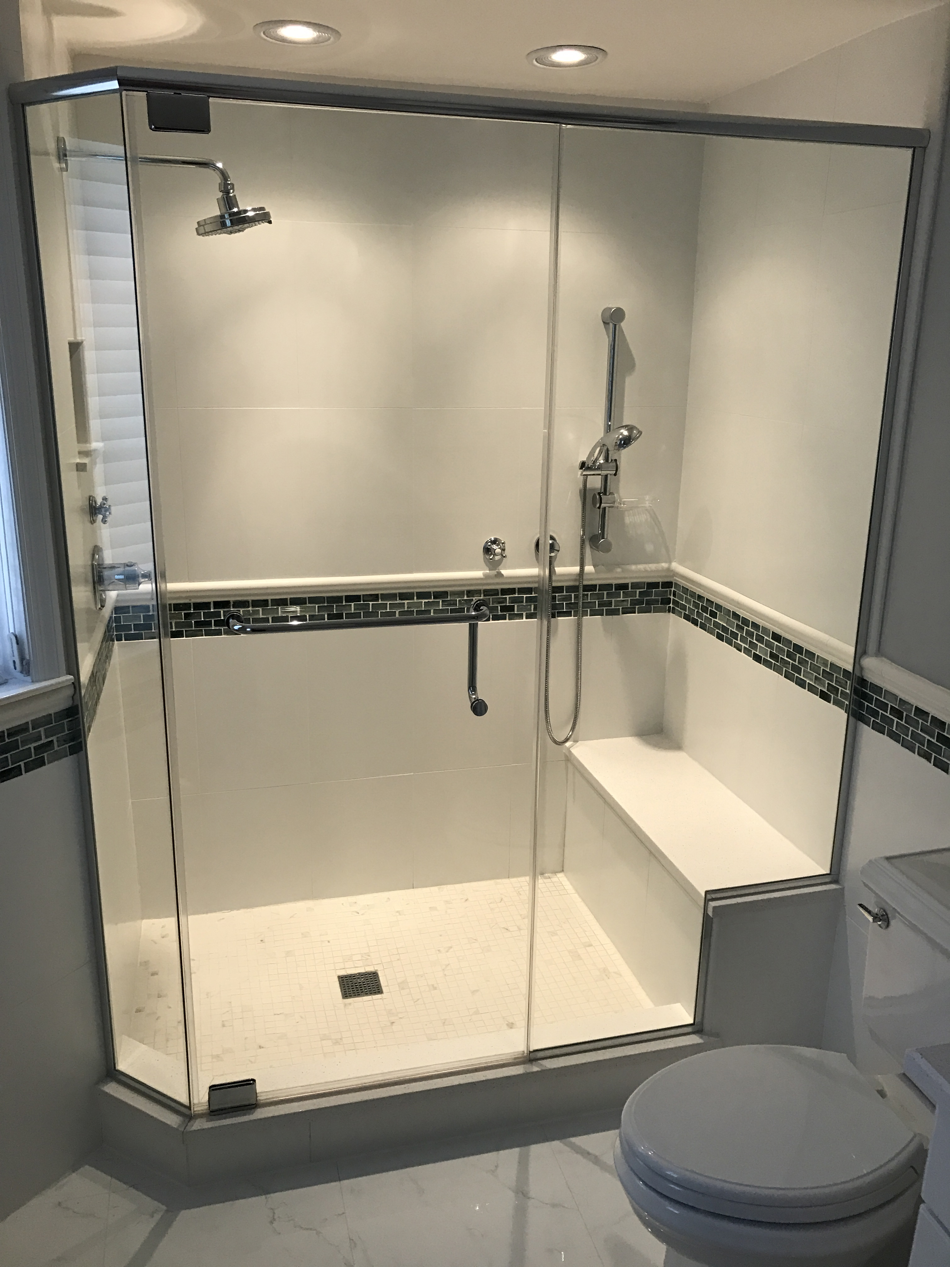 Bathroom Frameless glass shower with bench