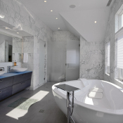 Master bath with luxury garden tub and vessel sinks